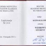 legitymacja wzorowy student, fizjoterapeutka Kamila Kuźniar-Kosowska, RehaFit Wrocław