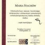 certyfikat ukończenia kursu masażu leczniczego, relaskacyjnego oraz bańką chińską, masażysta Maria Stachów, RehaFit Wrocław