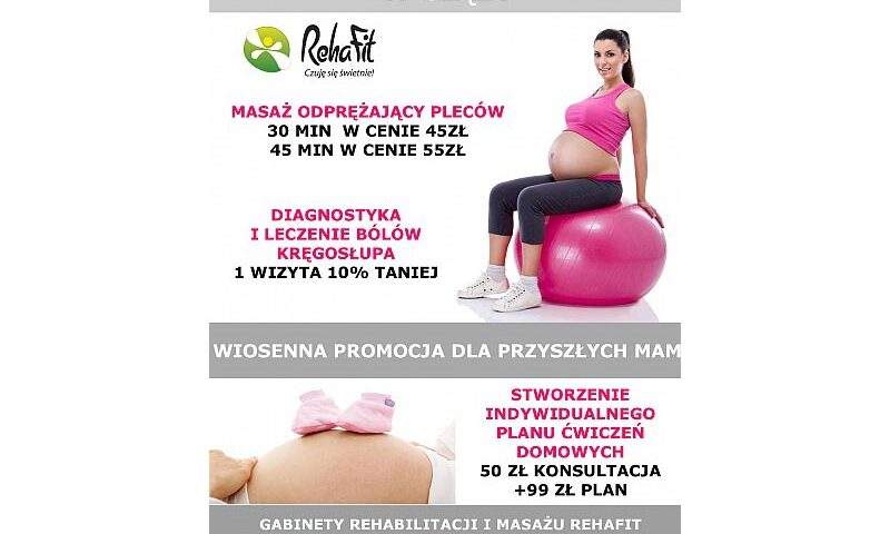 Promocja dla kobiet w ciąży w centrum rehabilitacji i masażu RehaFit.