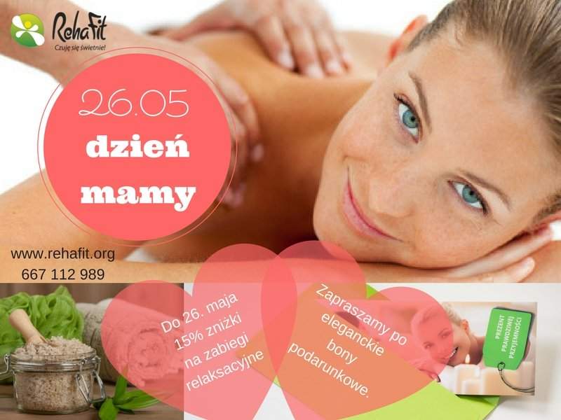 Z pewnością każda Mama w tym wyjątkowym dniu ucieszy się z zaproszenia na masaż lub zabieg relaksacyjny, który to pozwoli się jej odprężyć i odpocząć od codziennych spraw.